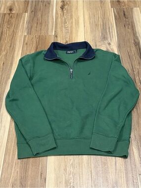 Nautica Men’s Green Quarter-Zip Sweater with Navy Collar